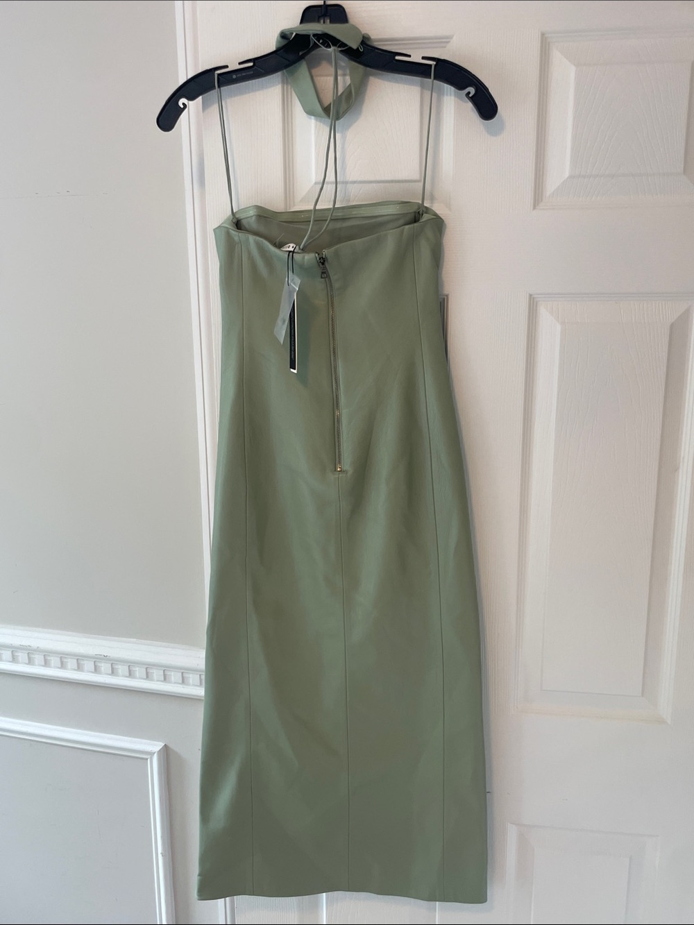Alice + Olivia Vegan Leather Sage Green Strapless Midi Dress with Choker - Picture 10 of 12